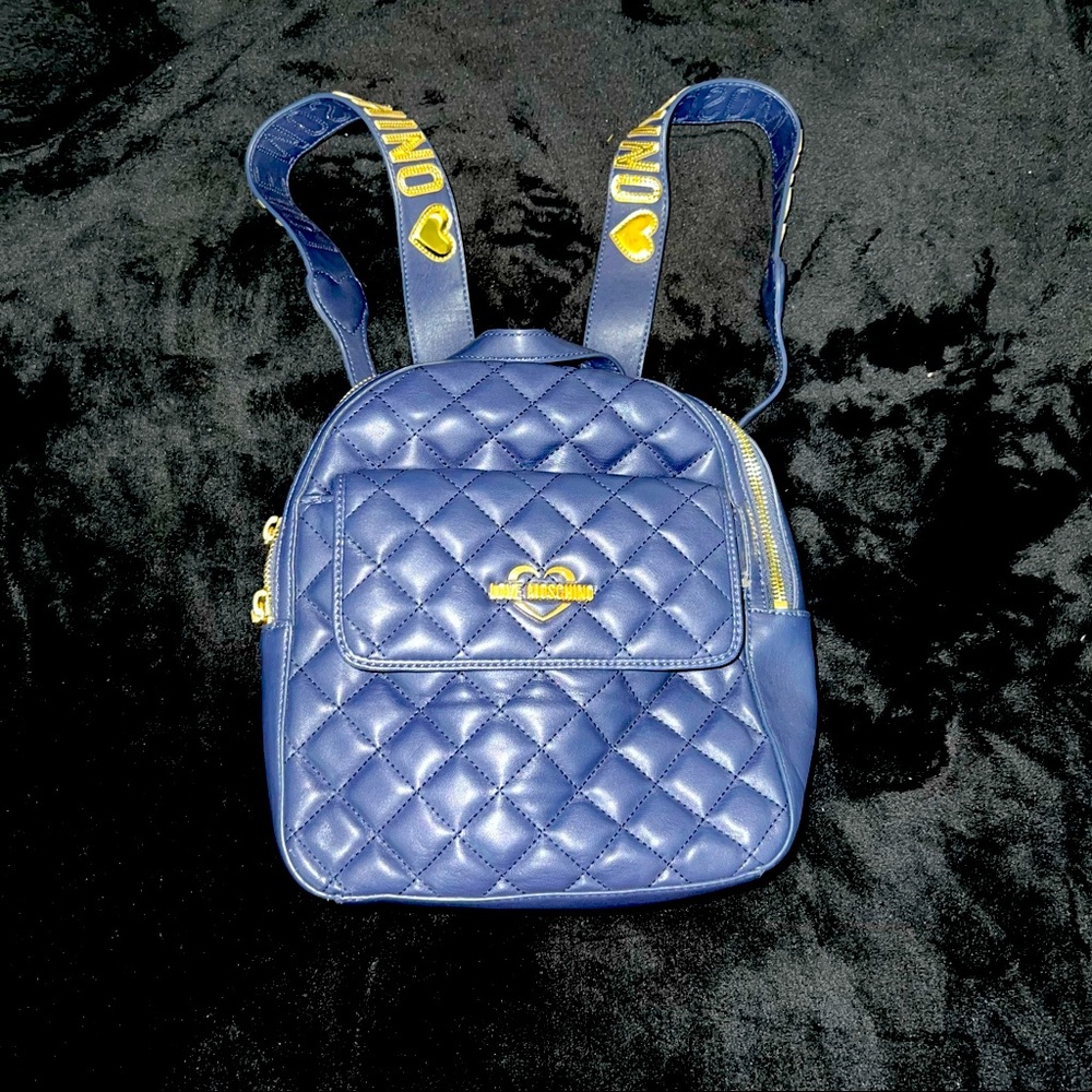 Love Moschino navy leather small backpack/purse. Gold zippers & magnetic button